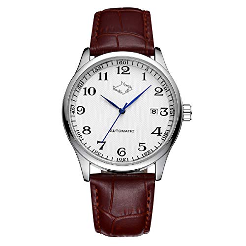 Mechanical Wrist Watch for Men, Minimalist Calendar Watches for Men with Date, Self Winding Analog Automatic Wristwatch, Mens Casual Dress Watches with Brown Leather Strap