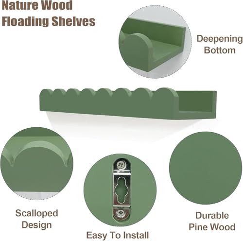 Image of Scalloped Shelves for Nursery - Wall Book Shelves for Bedroom Kids, Nursery Bookshelf for Wall Set of 4, Floating Book Shelves Solid Wood,18 Inch (Green)