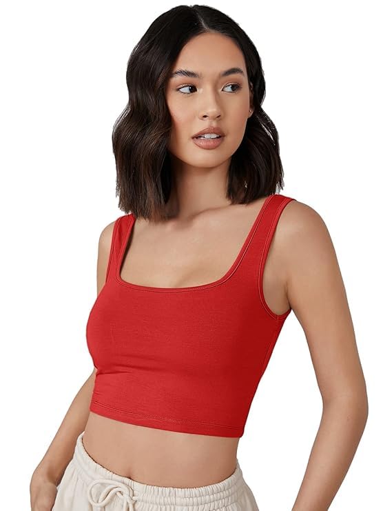 Women?s Cotton Blend Square Neck Sleeveless Summer Wear Crop Tank Top-picture-29