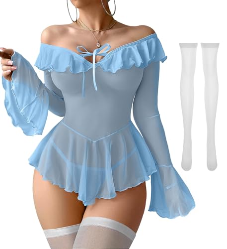 Image of Foxiny Sheer Ruffle Long Sleeve Babydoll Lingerie Dress | Off-shoulder neckline, flared cuffs and a flounce hem add movement; thong and thigh-high stockings complete the 3-piece set