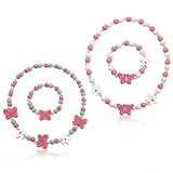 VEOIRXU 4 Piezas Joyas de Madera para Niñas con Mariposa Collar y Pulsera Collar Elástico de Mariposa Conjunto Pulsera de Collar de Niña Pequeñ Joyería de Princesa Pequeña Collares Regalo para Niños