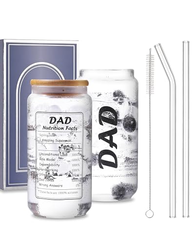 DN DECONATION Cold Drinking Glass Cup with Bamboo Lid, Glass Straw and Cleaning Brush, Cute Present Iced Coffee Glass Can, Daddys Sippy Cup Beer Glass, Mens Glass Cup With Straw for Dad