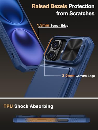 Image of Vihibii for iPhone 16 Wallet Case with Card Holder (4 Cards) [RFID Blocking] & Slide Camera Cover & Raised Edges Protect Screen, Shockproof Rugged Phone Case for iPhone 16 6.1 inch 2024, Blue