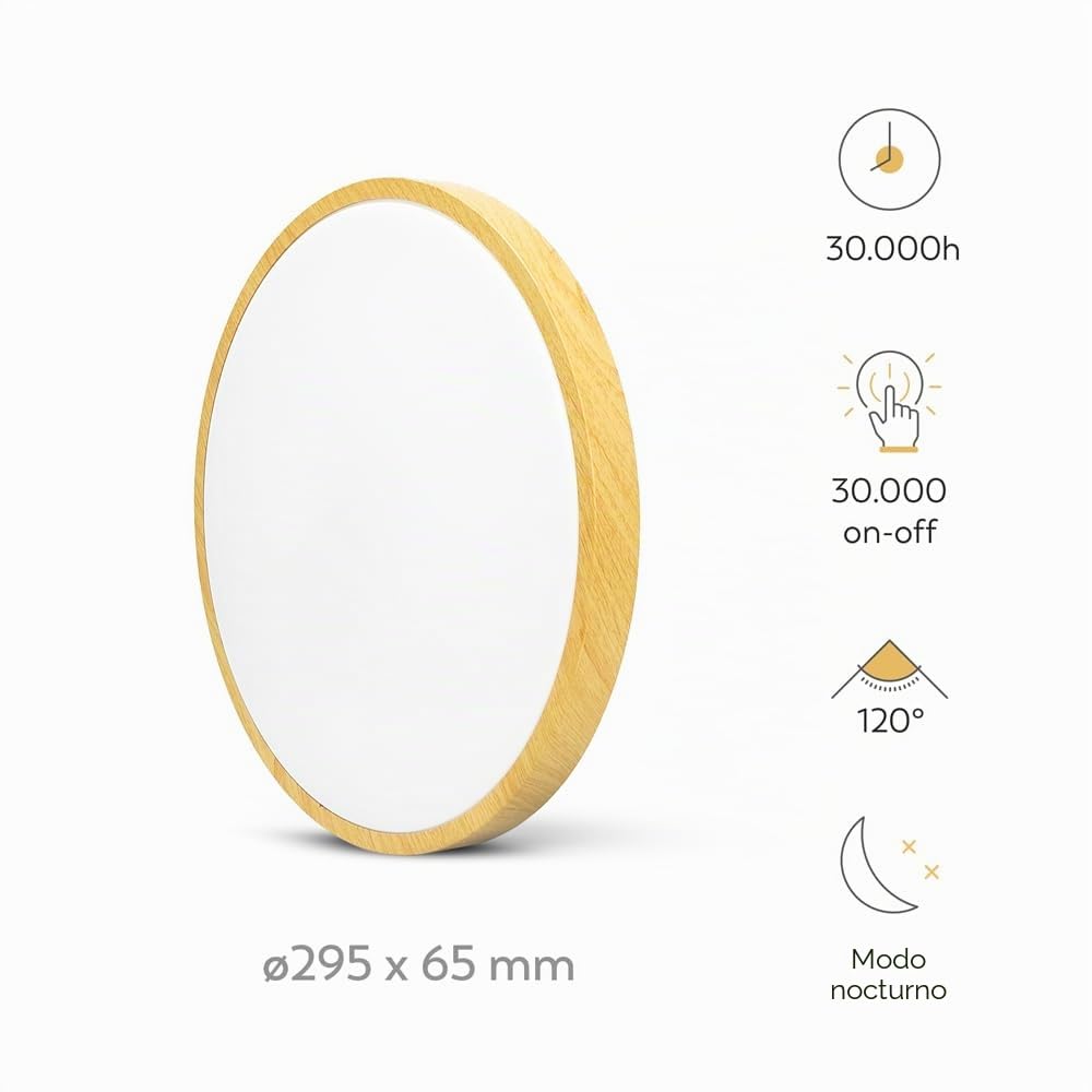 Garza - Plafón LED Techo con Control Remoto, 24 W 2500 lm, Intensidad y Temperatura de Color Regulables 2700K-6500K, Impermeable IP44, Temporizador de Apagado, Redondo 295 x 65 mm, Madera