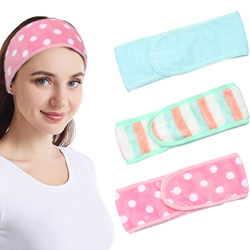 JONKY Facial Spa Headbands Makeup hair bands Shower Elastic Hair Band with Adjustable Magic Tape Non Slip Terry Headbands Hair Wraps for Women and Girls (Pack of 3)