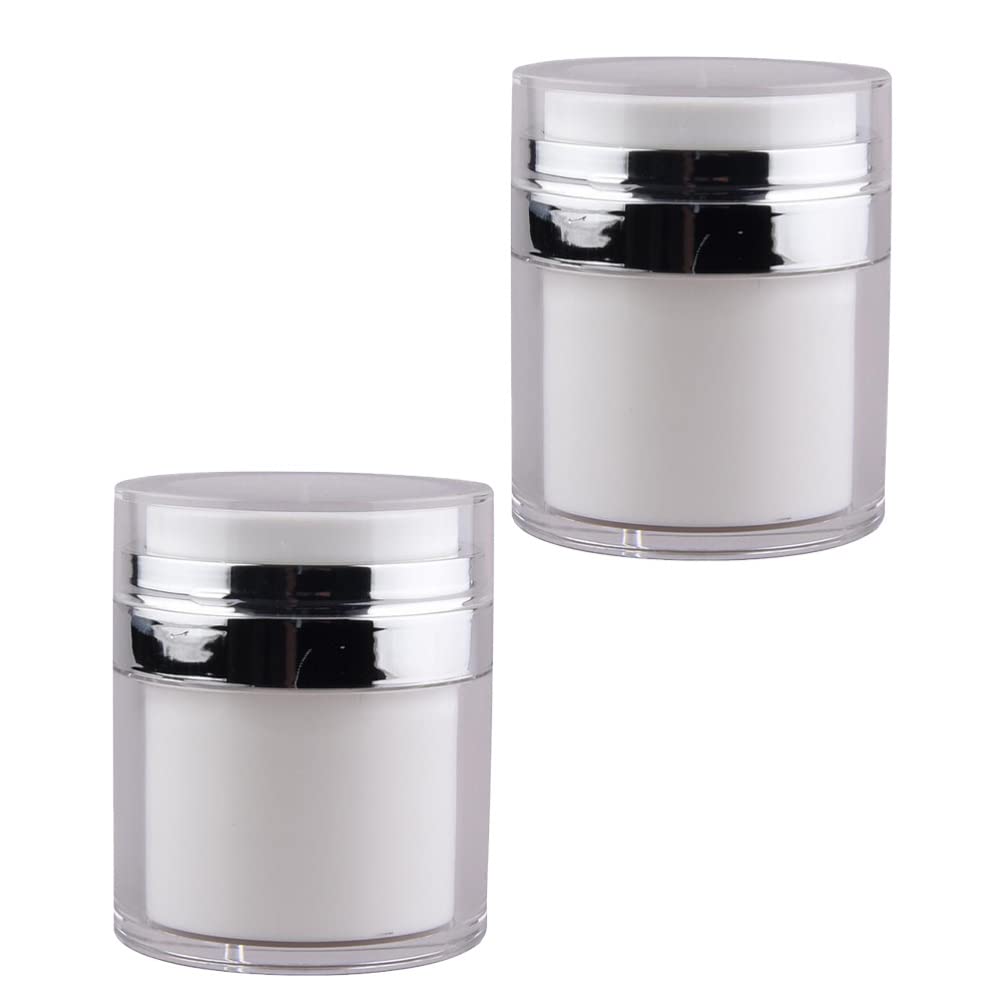 SHERCHPRY Round Cream Bottle, 2pcs Airless Pump Cosmetic Containers, Vacuum Press Cream Jars, Refillable Face Lotion Box for Balms Eyeshadow Lip, 50g