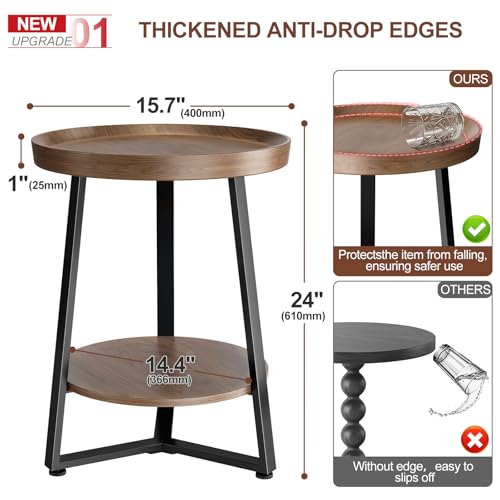 Round End Table Set of 2, 2-Tier Tray Top Side Table Decor Table, Ultra Stable Coffee End Table/Nightstand, Modern Farmhouse Couch Table for Living Room, Bedroom, Bedside Stand or Small Spaces, Walnut by MLZLLL - Used condition - Image 2