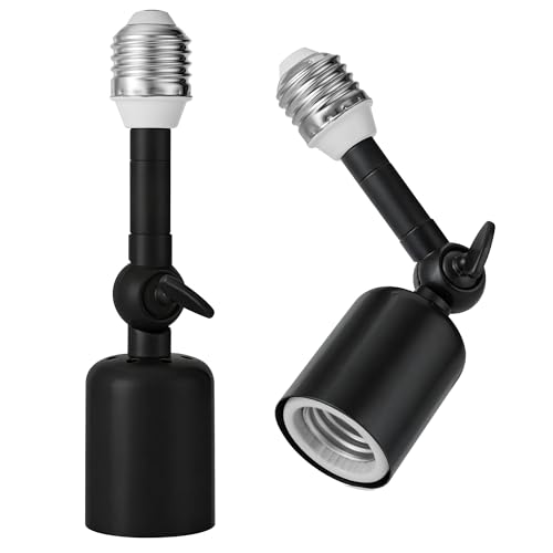 Onite 2-Pack Heavy Duty Light Socket Extender 360 Adjustable E26/E27 Extension Adapter for High Power Bulbs Security Cameras & Fans Outdoor/Indoor (Black 6.7inch)