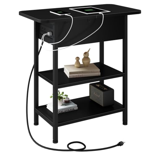 Image of LIDYUK End Table with Charging Station, Flip Top Side Table with USB Ports and Outlets, Nightstand for Small Spaces, Bedside Tables with Storage Shelf for Living Room, Bedroom, Black