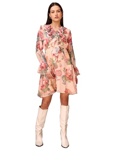 Image of PURVAJA Women's V-Neck Georgette Mini Dress (Floe-105-107)