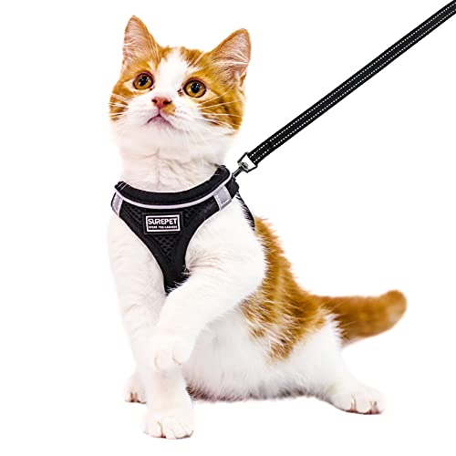 Cat Harness and Leash Set and Puppy Harness, Breathable Reflective Vest Harness, Escape Proof Cat Harness, Small Large Kitten Puppy, Rabbit Outdoor Harness (Black, XXS (Chest: 9- 11"))