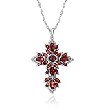 Natural Garnet Cross Pendant for Women Sterling Silver Jewelry Rhodium Plated White Gold 18 Inches Chain, Silver,