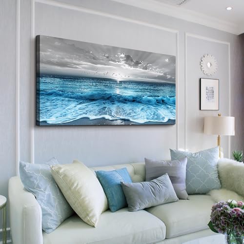 ERQINHUA Large Canvas Printed Artworks Mural Wall Decor For Living Room Wall Art For Bedroom Office Restaurant Decoration Blue Sea Wave Ocean Paintings Beach Wall Pictures Modern Home Decor 30"X60"
