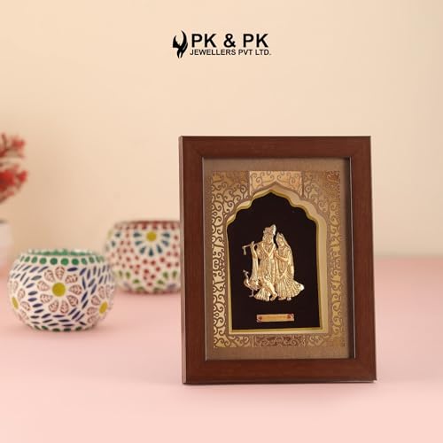 Image of Pk & Pk Jewellers Lord Radha Krishna with Peacock | 24KT Gold Frame | Temple Collection | Extra Small Size [14x18 cm] (For Premium Gift, Temple, Table Decor, Home Decoration)