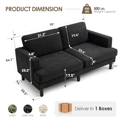 Image of 70 inch Loveseat Sofa, 2-Seater Bedroom Couches with USB & Type-C, Black | Upgrade Upholstered Deep Seat Love Seat Sleeper Sofa, Corduroy Small Couch for Bedroom, Apartment, Office
