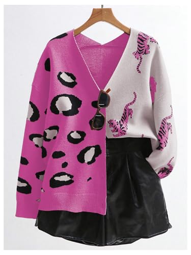Image of WDIRARA Women's Leopard Tiger Print Cardigan V Neck Long Sleeve Color Block Button Down Sweater Outwear