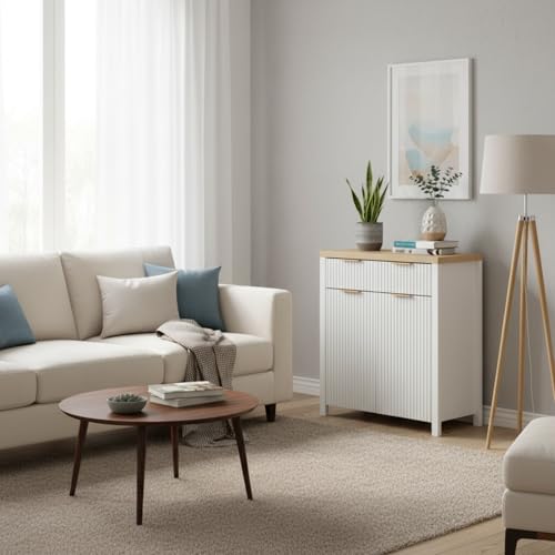 Image of Panana 2-Door 2-Drawer Storage Cabinet, Farmhouse Ribbed Style Sideboard for Kitchen, Living Room, Entryway (White)