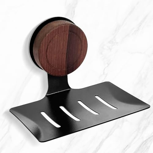 Gomeer Oak Rotating Knob Soap Dish with Suction Cup & Adhesive,Wall Mounted Soap Holder for Shower,Sponge Tray-Self Draining,Drill-Free,Waterproof, for Bathroom, Kitchen(Black)
