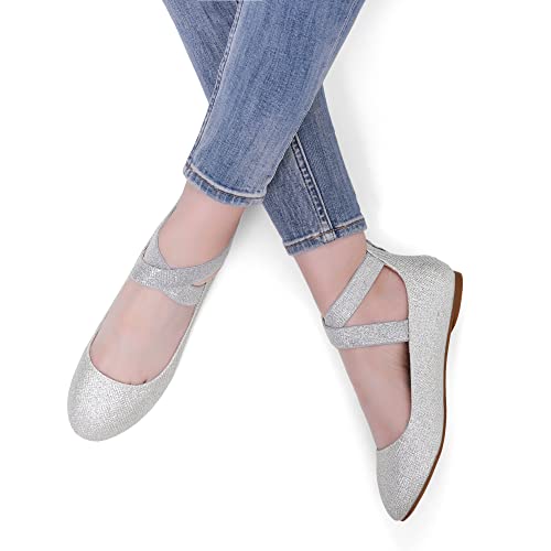 Dream Pairs Women's Sole_Stretchy Silver Glitter Fashion Elastic Ankle Straps Flats Shoes Size 8 M Us #TOP4