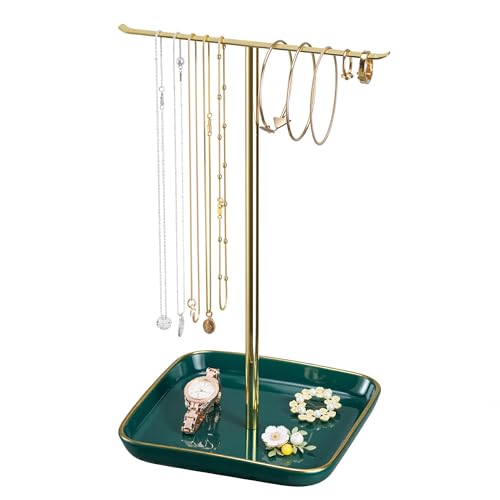 pickpiff Necklace Holder Stand with Ceramic Base: 12" Jewelry Tree Display Organizer for Necklaces, Bracelets, Rings, Earrings, Tall Gold and Green Stand for Women, Aesthetic Room Décor