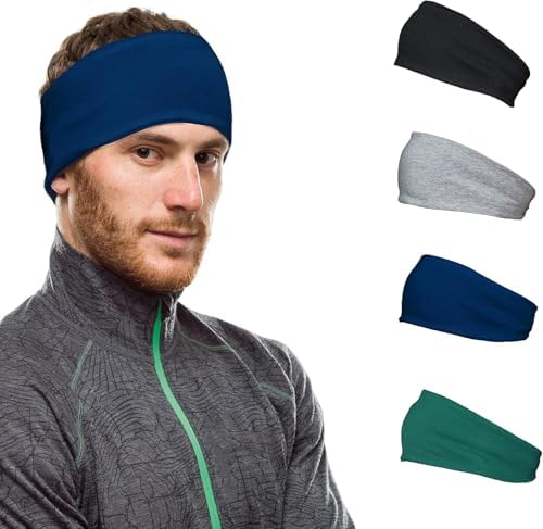 4 Pack Headband Men Soft Cotton Sweatband Men, Running Unisex Headband Women and Men, Non-Slip Sports Workout Hair Band Men for Fitness, Cycling, Yoga, Tennis, Basketball and More