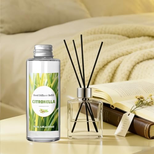 Image of STRN Citronella Reed Diffuser Oil Refill, Lemongrass Scent 200ML(6.8fl.oz) with 6 Sticks, Air Freshener Long-Lasting Aromatherapy Reed Diffuser Set for Summer Home, Bedroom, Spa, Bathroom