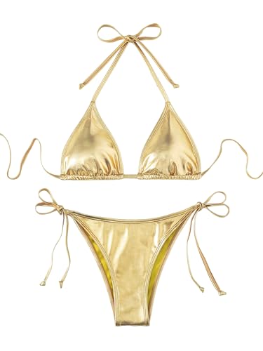 Verdusa Women's 2 Piece Bathing Suit Metallic Swimwear Halter String Triangle Bikini Sets