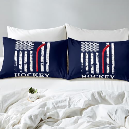 Image of Castle Fairy American Flag Bed Sheet Set Kids Ice Hockey Sheets Set 4pc Retro Creativity Microfiber Soft Bedding Set,1 Flat Sheet,1 Deep Pocket Fitted Sheet,2 Pillow Cases(Queen Size)