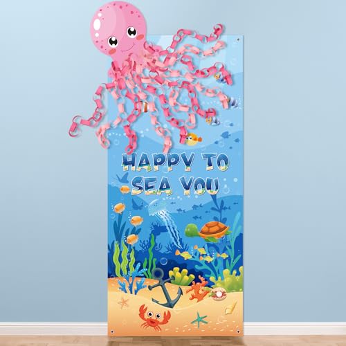 VitalCozy Ocean Classroom Decor Happy to Sea You Background Door Cover First Day of School DIY Octopus Door Banner Front Porch Sign for Back School Supplies Summer Party Decor