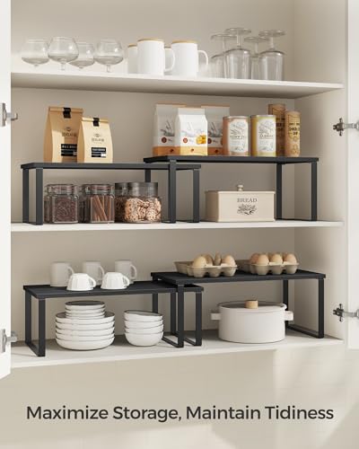 SONGMICS Cabinet Organizer Shelf, Set of 4 Kitchen Counter Shelves, Kitchen Storage, Spice Rack, Stackable, Expandable, Metal and Engineered Wood, Ink Black and Ebony Black UKCS028B01 - Image 5