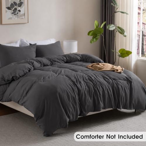 Image of Washed Gray Blue Duvet Cover Set Queen Size,2 Pillow Shams,No Comforter | Prewashed Microfiber, 4 Corner Ties, Button Closure, Ultra Soft, Cotton-Like, All Seasons, Queen Duvet Cover 90x90 in