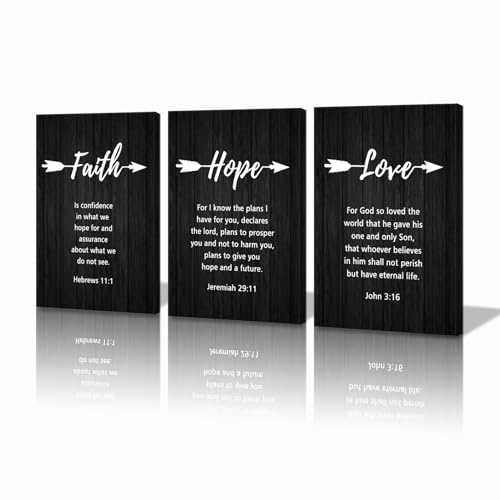 KAWAHONE Arte de pared con texto en inglés "Faith Hope Love", cita inspiradora, letrero religioso, versículo bíblico, lienzo en blanco y negro para dormitorio de parejas, impresiones artísticas de