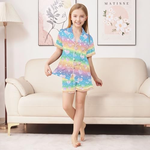 senya Rainbow Flashing Heart Satin Summer Pajama Sets Silk Short Sleeve Button Down Sleepwear4