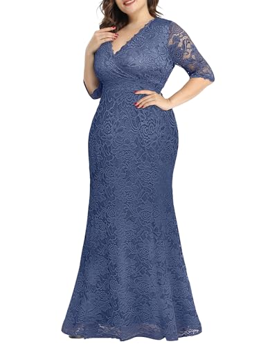 Image of Pinup Fashion Plus Size Formal Evening Dress Wedding Guest Bridal Gowns | Floral lace, wrap v-neck, 3 /4 sleeves, empire waist, mermaid floor length, side zipper