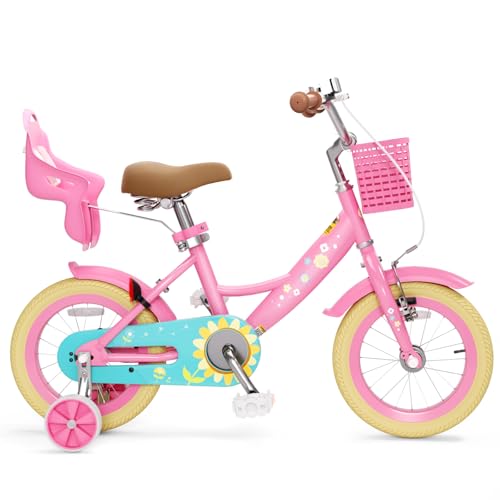 Image of XJD Girls Bike for Toddlers 3-9 Years Old Kids, 12 14 16 Inch Kids Bike with Training Wheels, Streamers, Basket and Doll Seat