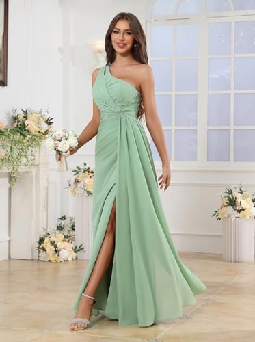 Sukleet One Shoulder Bridesmaid Dresses for Women A Line Ruched Chiffon Long Formal Wedding Guest Dress with Slit3