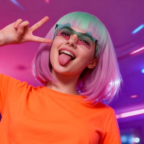 Image of ANOGOL Hair Cap + (Sunglasses) Teal Pink Gradient Bob Wig with Bangs Womens Party Wigs with Star-Shaped Glasses Short Neon Wig Daily Party Fun Wigs Women Halloween Costume Bachelorette Hair