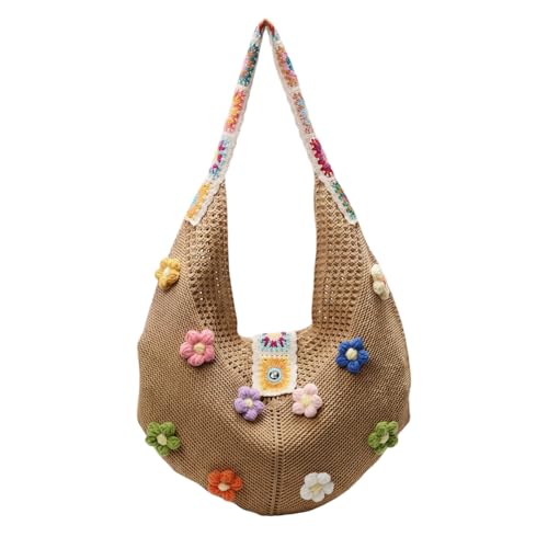 Image of PALAY Tote Bag for Woman Crochet Mesh Beach Shoulder Bags with Flower Brooch Summer Vacation Knitted Bag for Women Shoulder