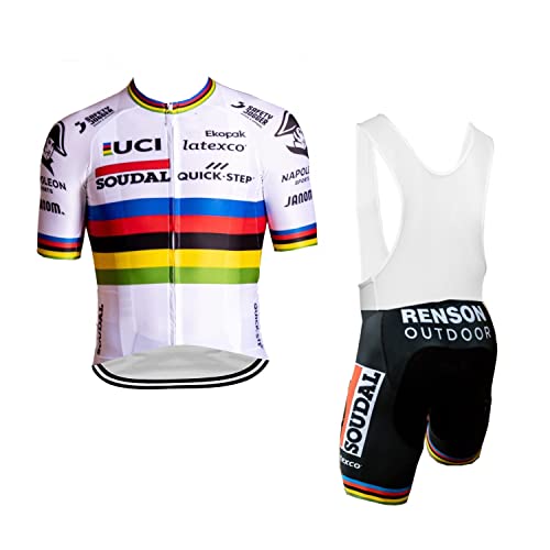 2023 Pro Team Soudal Quick Step Rainbow White Cycling Jersey Set For Men,Breathable MTB Bike Shirt Bib Short Kits GEL Paddad (XL)