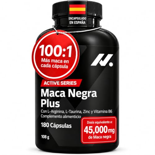 Maca Negra Hombre Alta Dosis 45.000 mg 100:1 con Zinc y B6 - 180 Cápsulas | Vitalidad masculina, black maca en extracto seco, con L-arginina, taurina y calcio, vegana, sin cafeína, 60 días