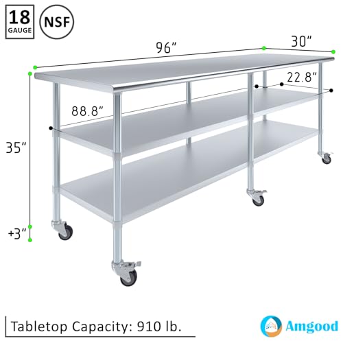 Image of AmGood Stainless Steel Work Table with 2 Shelves and Casters | Metal Utility Table On Wheels (Stainless Steel, 96 inch Long x 30 inch Deep)