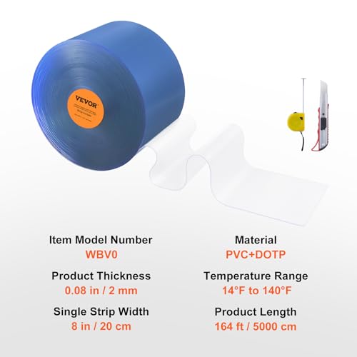 Image of VEVOR Strip Curtain, 164' Length x 8 inch Width x 0.08 inch Thickness, Clear PVC Smooth Curtain Strip Door Bulk Roll, Plastic Door Strips for Doorways of Supermarket, Garage, Warehouse, Barn, Pet Animal House