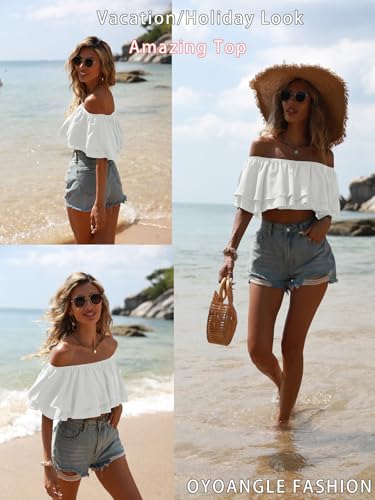 OYOANGLE Women's Off Shoulder Short Sleeve Ruffle Blouse Summer Vacation Crop Tops3