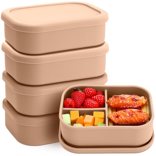 Image of Honeydak 4 Pcs Silicone Bento Box, 3 Compartment Lunch Food Container for Women Men, Leak Proof Microwave Easy to Clean Dishwasher Freezer Safe (Yellow)