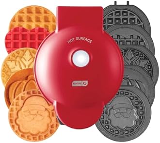 DASH Holiday MultiMaker® Mini System - Waffle Maker with Six 4” Removable Holiday Plates: Waffle Iron & Griddle, 4-in-1 Mini Waffle Maker for Kids and Families – Nonstick Surface, Santa Waffle (Red)