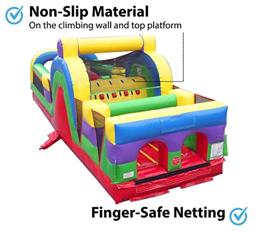 Retro Rainbow Inflatable Obstacle Course - With Rock Climbing Wall, Slide And Tunnel Entrance - 30'L X 11'W X 11' H - Commercial Grade Interactive Bouncer - Includes: Blower And Stakes #TOP3