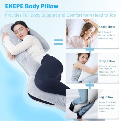 EKEPE Body Pillow with Cover, 68 Inches Memory Foam Full Body Pillow for Side Sleeper, Long Pregnancy Pillow with Contour Support for Back, Knee, Leg Relief - Medium Grey - Thumbnail 2