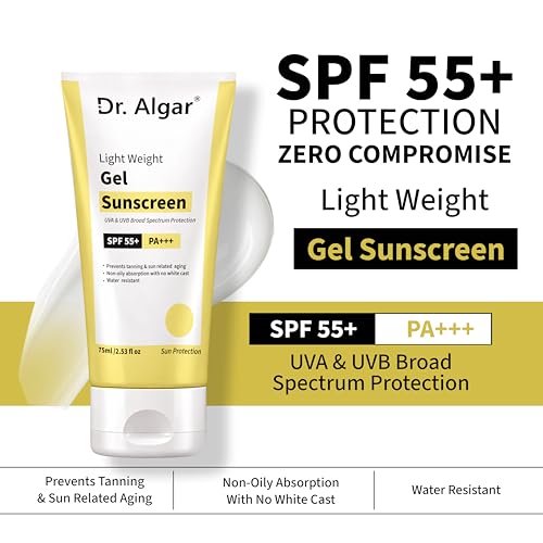 Image of Dr. Algar Professional Sunscreen Lotion SPF 55 PA+++ | Broad Spectrum UVA /UVB Sun Protection Cream for Indian Skin | Lightweight, Non-Greasy, Water-Resistant Sunblock | 75ml (Pack of 2)