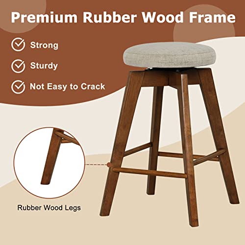 Butacos giratorios COSTWAY, juego de 2, altura de barra de 26 pulgadas sin respaldo, patas de madera de caucho, asiento de tela de lino, reposapiés, estilo moderno para isla de cocina, pub o comedor, beige + marrón miniatura 6