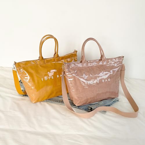 Image of GISMTR Large PVC Tote Bag for Women Letters Print Handbags Kraft Paper Shoulder Bag for Work Travel